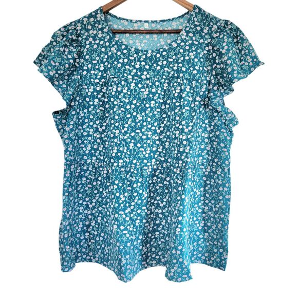 Womens Plus size 1X and 2X Teal/Pink Ditsy Floral Round Neck Short Sleeve Blouse - Picture 3 of 12